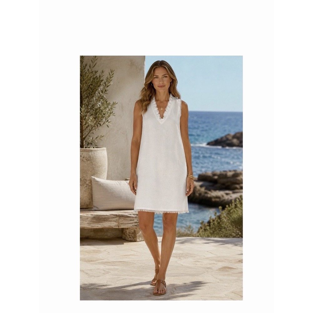 Tommy Bahama White Linen Ruffle Neck Shift Dress L Coastal Old Money Minimalist